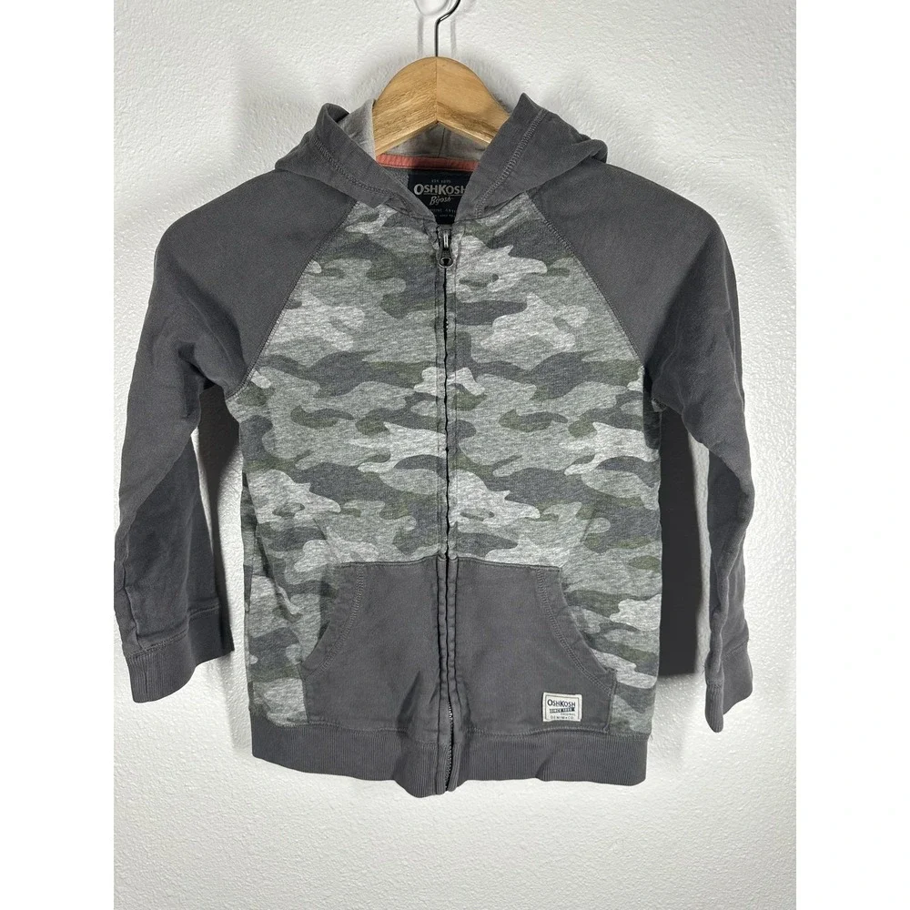 OshKosh‎ B'gosh Hoodie Boys 8 Gray Green Camo Full Zip Raglan Kangaroo Pocket